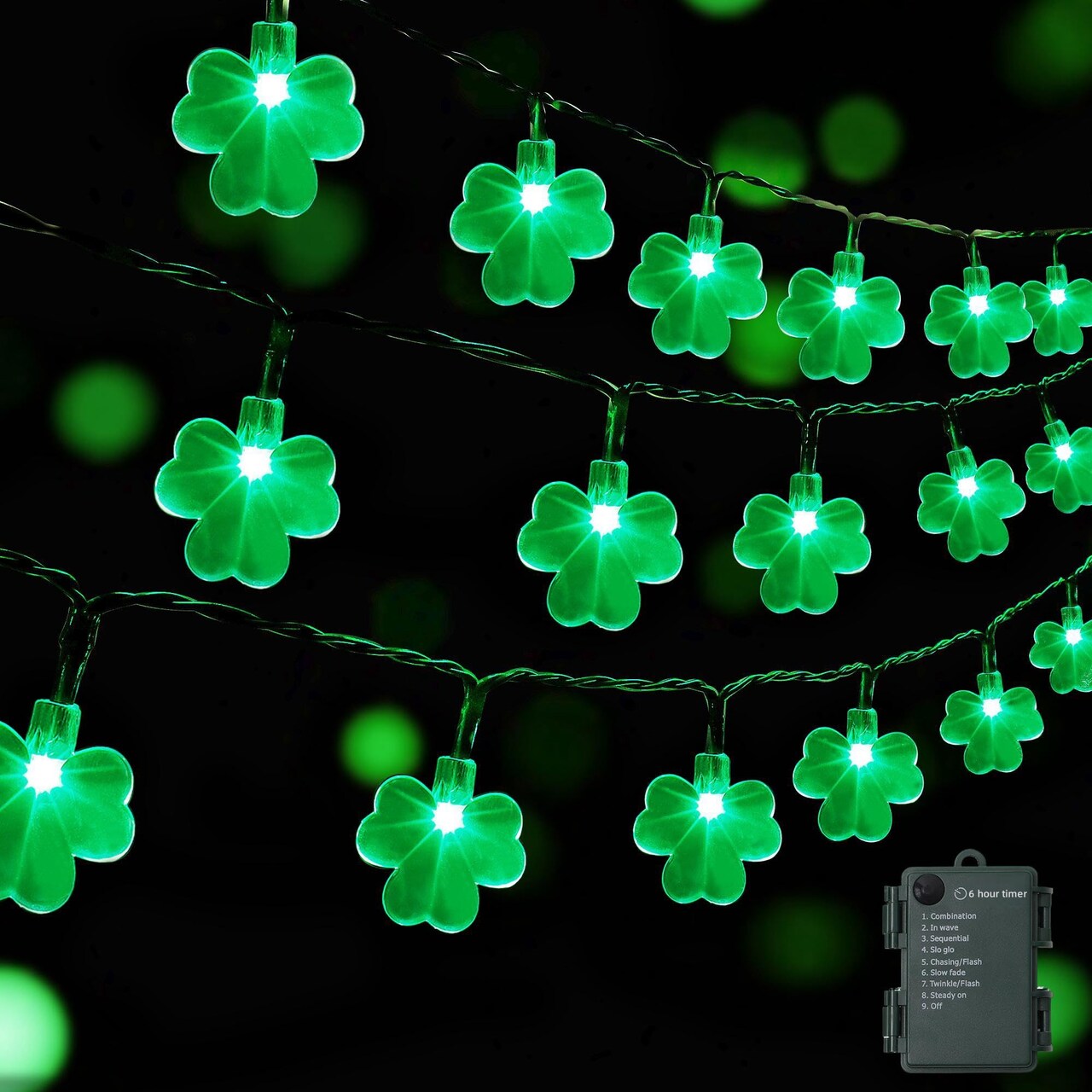1 Pack St. Patricks Day Shamrocks Lights, 50 LED Outdoor Decorative String Lights, Battery Operated Lucky Clover Light, 8 Lighting Modes & Timer, Waterproof for Party Garden Home Decor